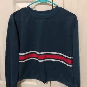 blue long sleeve top with stripe detail